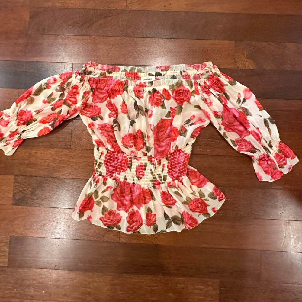 L’AGENCE floral long sleeve off the shoulder blouse